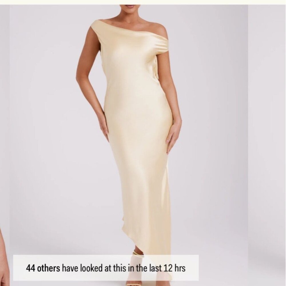 Meshki Satin Asymmetrical Slip Dress in Pale Gold - Picture 2 of 3